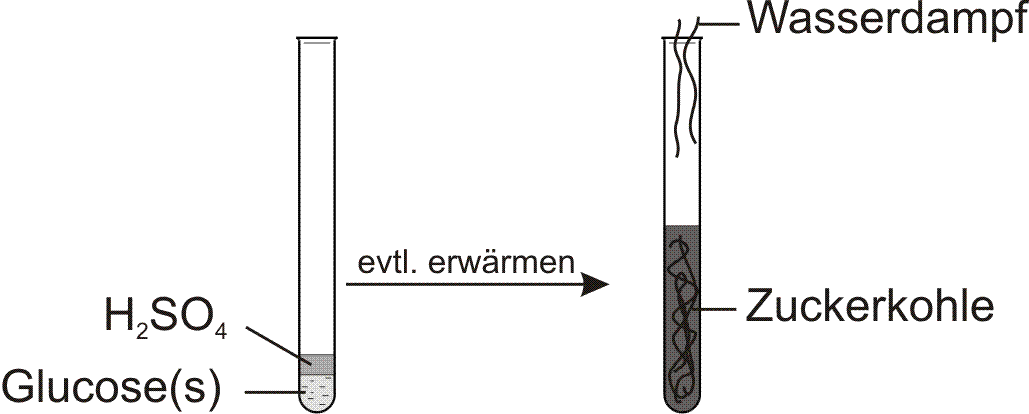 Versuchsskizze Glucose mit Schwefelsäure im Reagenzglas unter Entstehung von Zuckerkohle